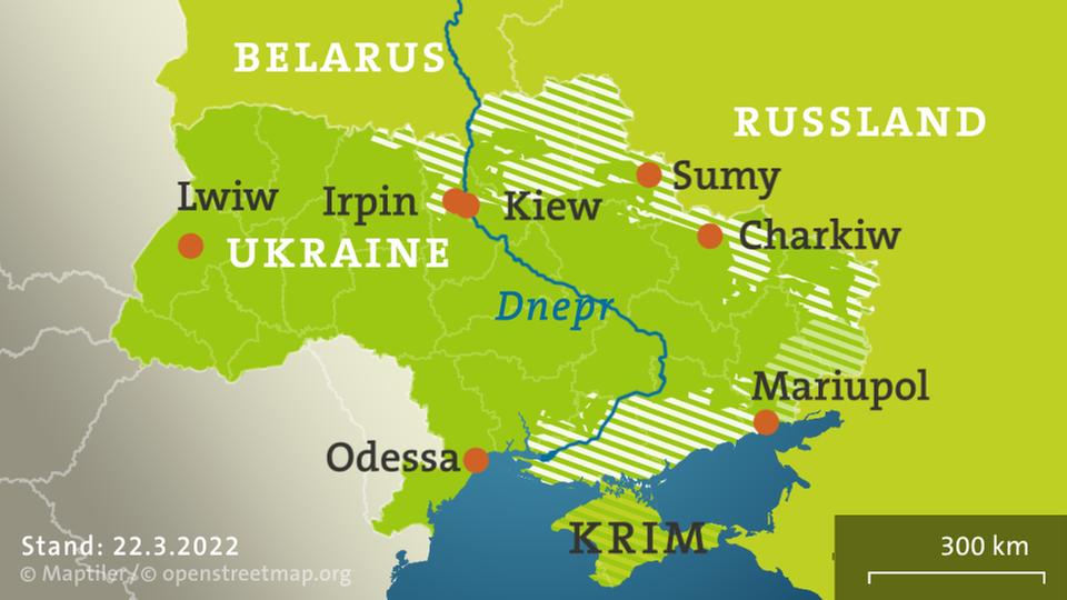Weiß schraffiert: Vormarsch der russischen Armee. Grün schraffiert: von Russland unterstützte Separatistengebiete. Krim: von Russland annektiert.