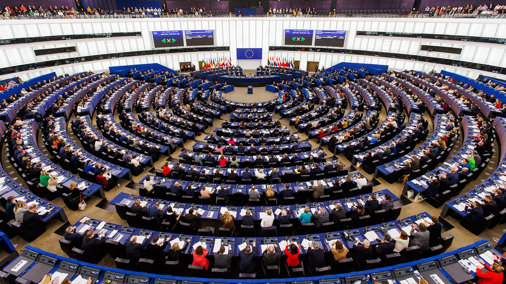 Abgeordnete des Europäischen Parlaments sitzen im Plenarsaal des Europäischen Parlaments in Straßburg. | dpa