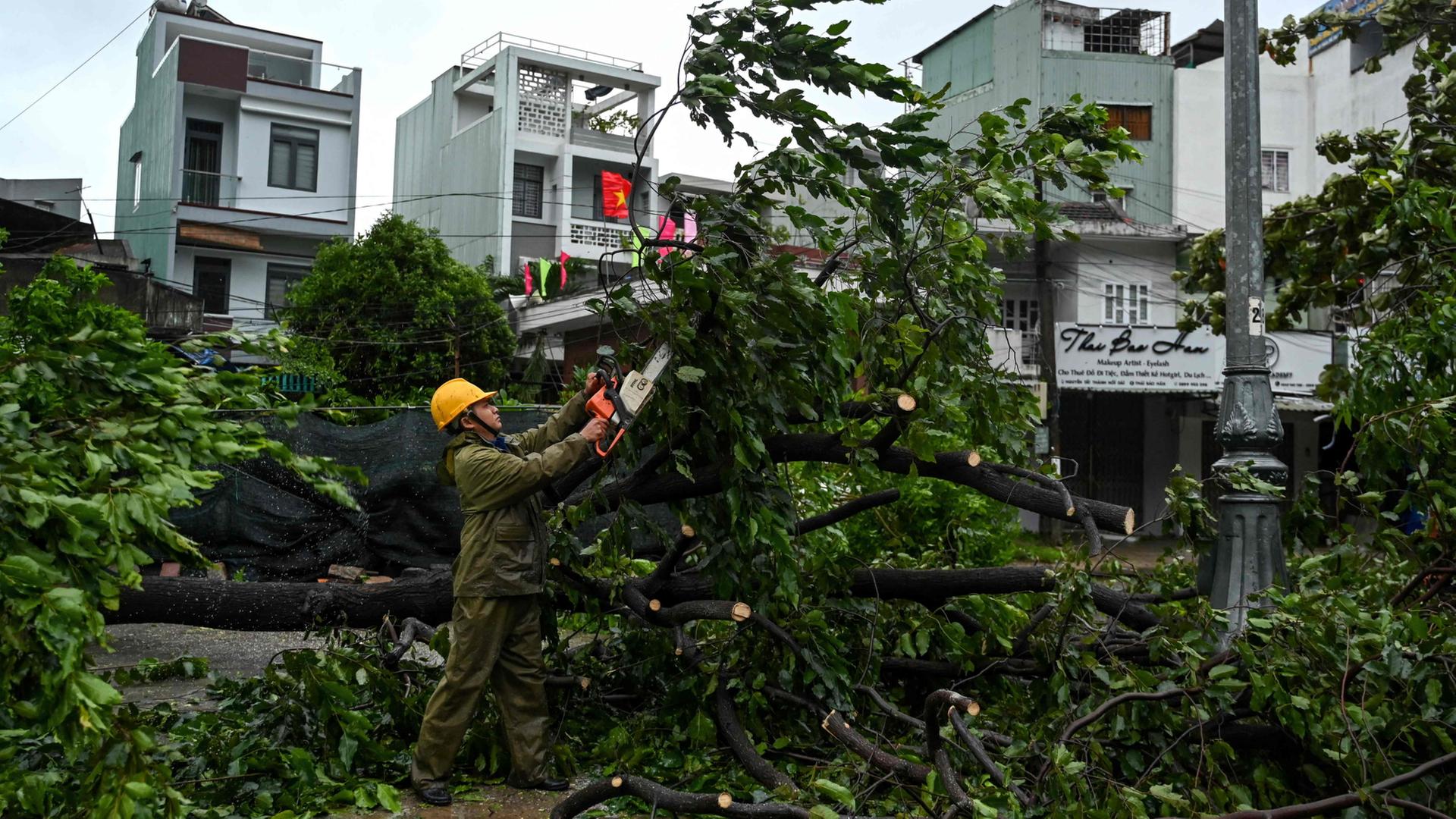 Ein Mann zersägt einen umgestürzten Baum in Vietnam. | AFP