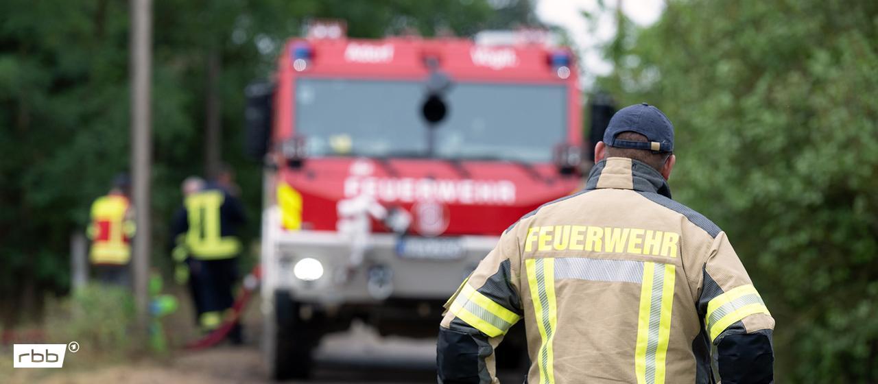 Einsatzkräfte und ein Löschfahrzeug der Feuerwehr im Waldgebiet  (Quelle: dpa)