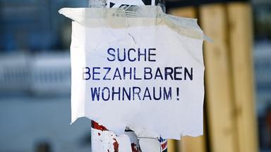 Ein Flyer mit der Aufschrift "Suche bezahlbaren Wohnraum" hängt an einem Laternenmast.