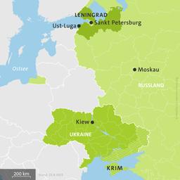 Karte der Ukraine und Russlands, hell schraffiert: von Russland besetzte Gebiete