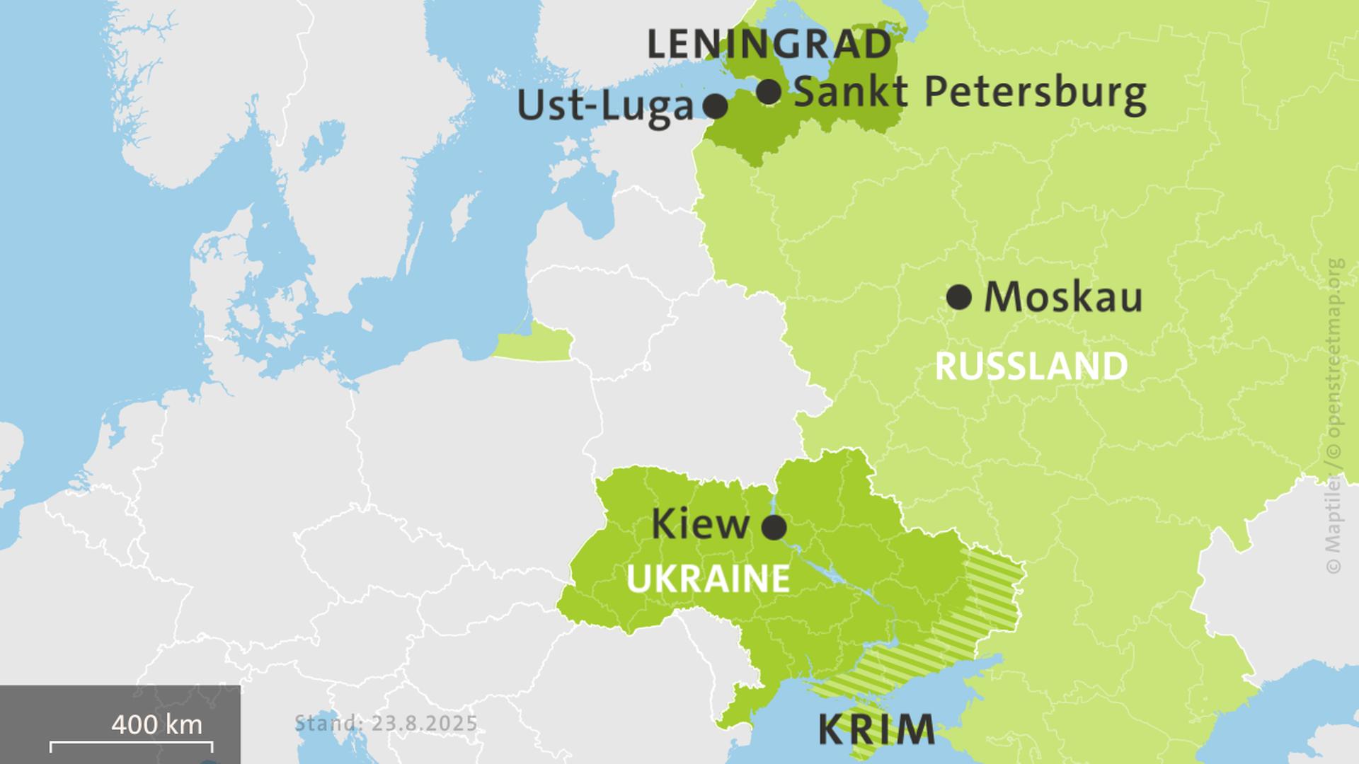 Karte der Ukraine und Russlands, hell schraffiert: von Russland besetzte Gebiete | ISW, Critical Threats Project | Stand: 23.8.2025