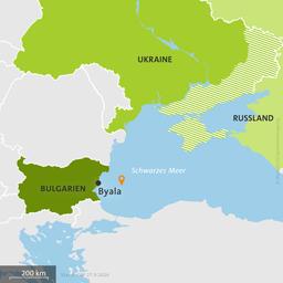Karte: Bulgarien mit Pin im Schwarzen Meer, Ukraine und Russland, hell schraffiert: von Russland besetzte Gebiete.