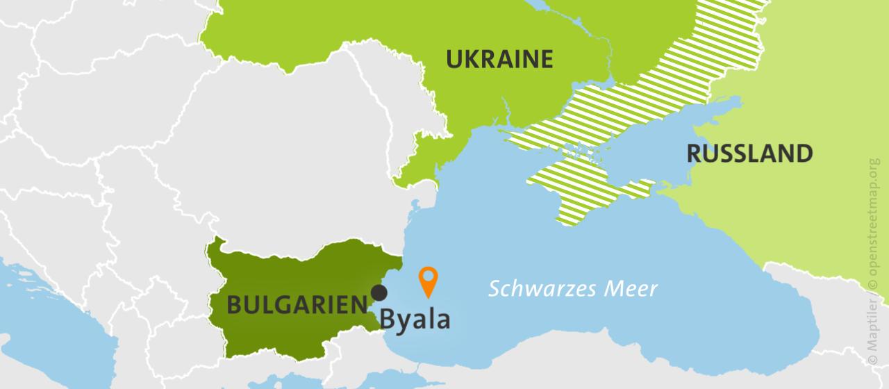 Karte: Bulgarien mit Pin im Schwarzen Meer, Ukraine und Russland, hell schraffiert: von Russland besetzte Gebiete.