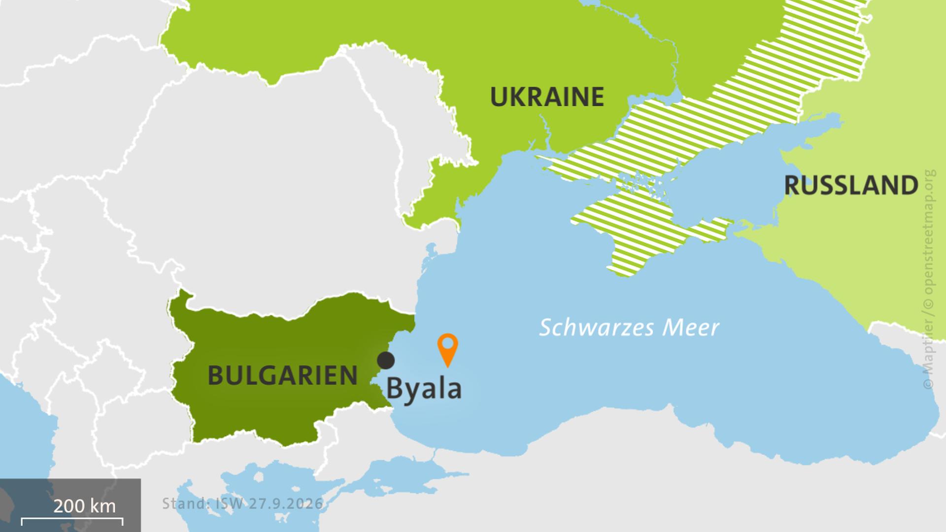 Karte: Bulgarien mit Pin im Schwarzen Meer, Ukraine und Russland, hell schraffiert: von Russland besetzte Gebiete. | ISW, Critical Threats Project | Stand: 27.9.2026