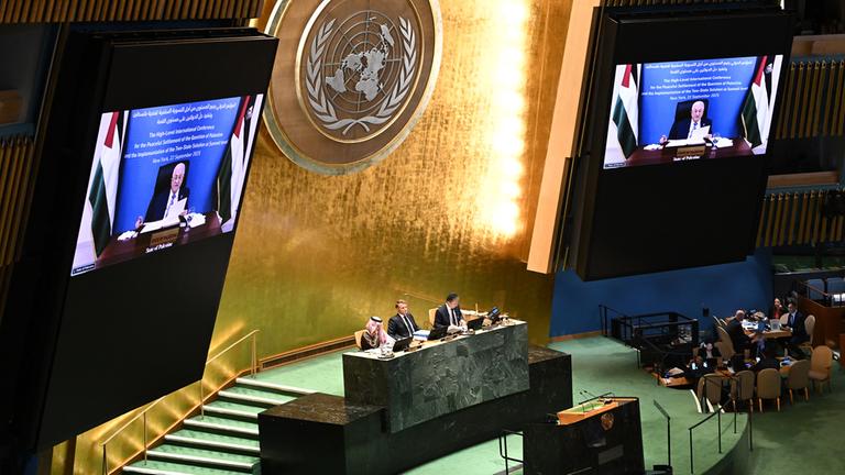 Mahmud Abbas bei einer Videoübertragung in der UN-Vollversammlung