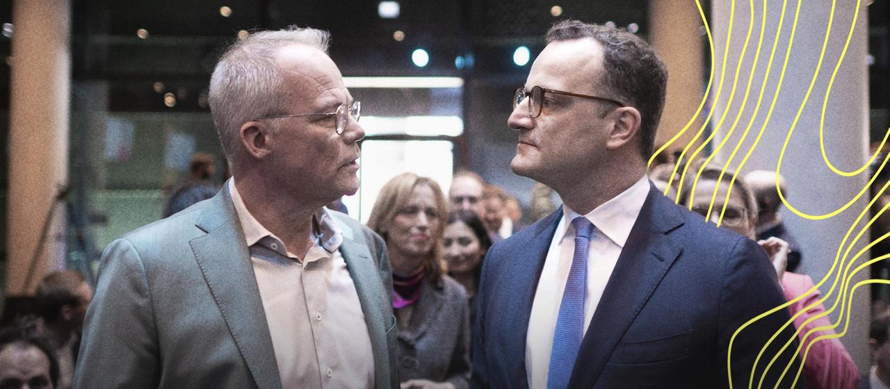 Matthias Miersch , designierter Fraktionsvorsitzender der SPD , und Jens Spahn , designierter Fraktionsvorsitzender der CDU (rechts) bei der Unterzeichnung vom Koalitionsvertrag zur Bildung der neuen Regierung, Berlin, 05.05.2025.