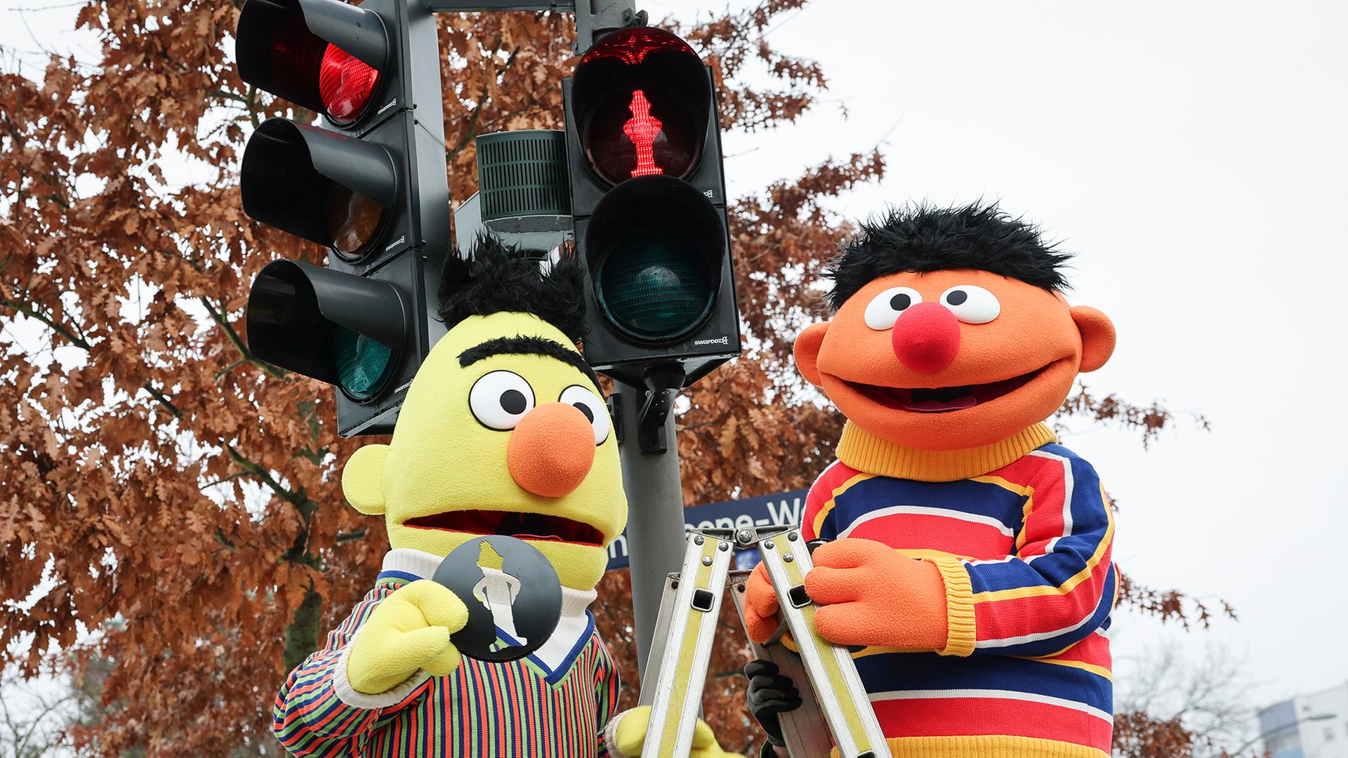 LebensgroÃen Figuren von Ernie und Bert aus der SesamstraÃe sind bei der Montage und Einweihung einer FuÃgÃ¤ngerampel mit den SesamstraÃenfiguren zu sehen. | dpa