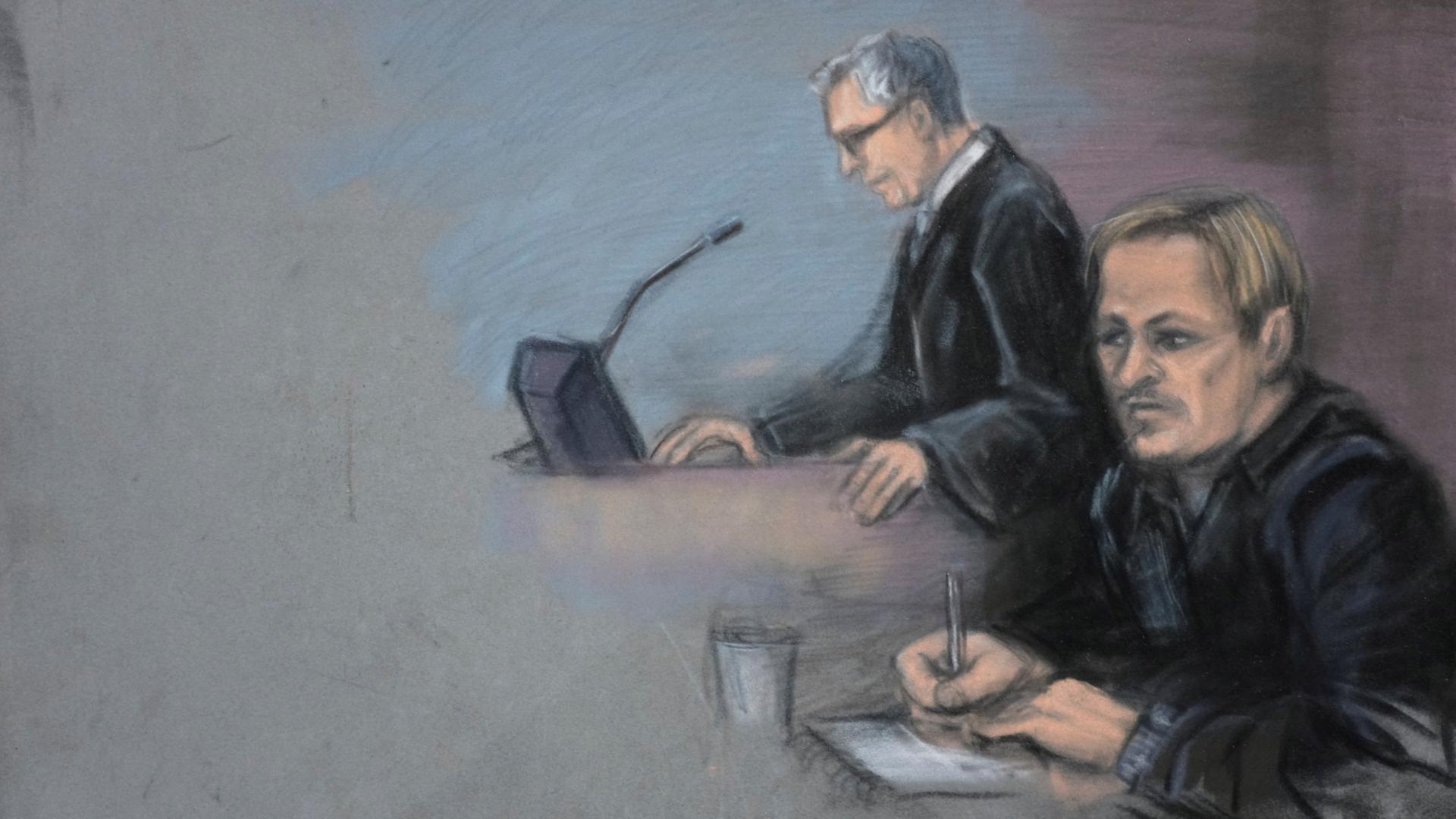 Eine Gerichtszeichnung zeigt den Anwalt Petar Sekulic und Marius Borg Hoiby im Gerichtssaal des Gerichtsgebäudes in Oslo. | via REUTERS