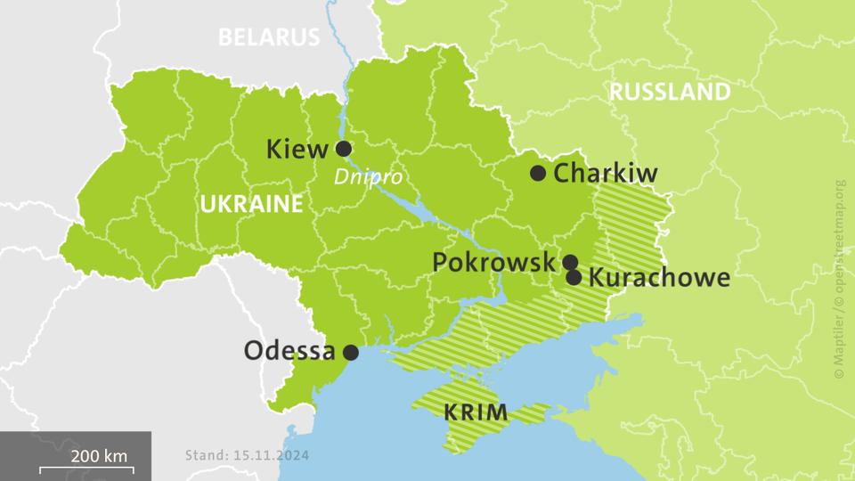 Karte der Ukraine und Russlands, hell schraffiert: von Russland besetzte Gebiete