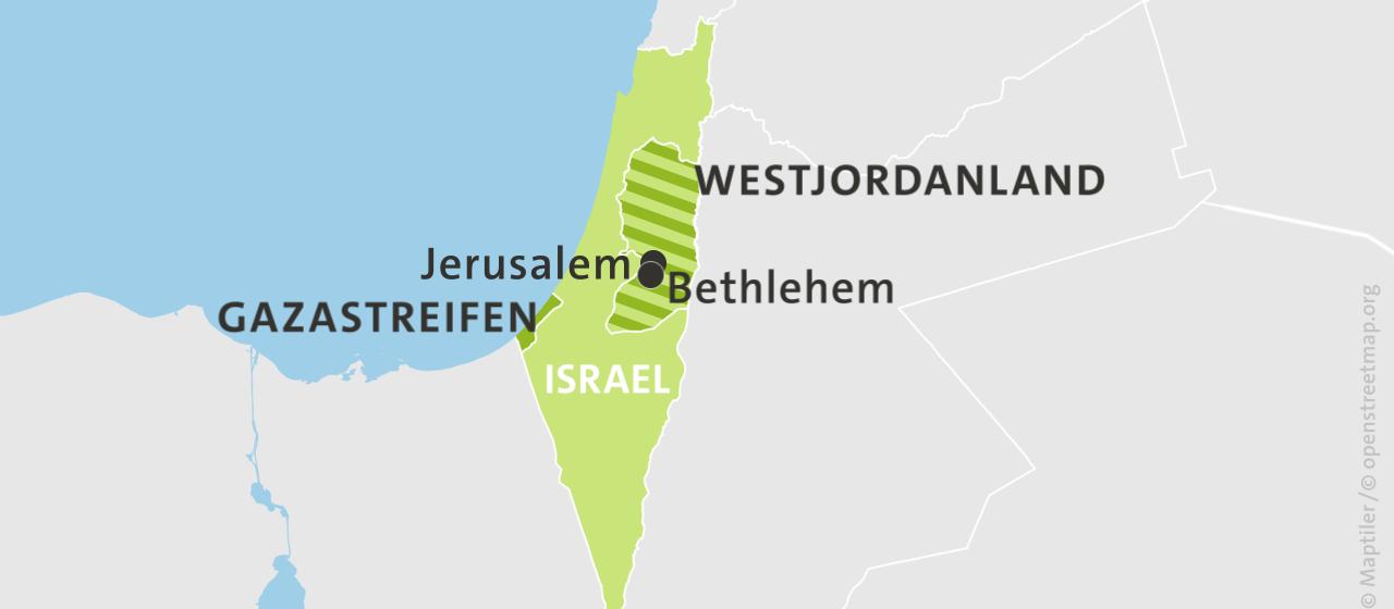 Die Karte zeigt Israel und das Westjordanland mit Bethlehem