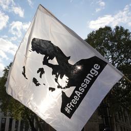 Bei einer Demonstrationen vor dem Royal Courts of Justice in London (Vereinigtes Königreich) wird eine Fahne mit dem Konterfei von Julian Assange geschwenkt.