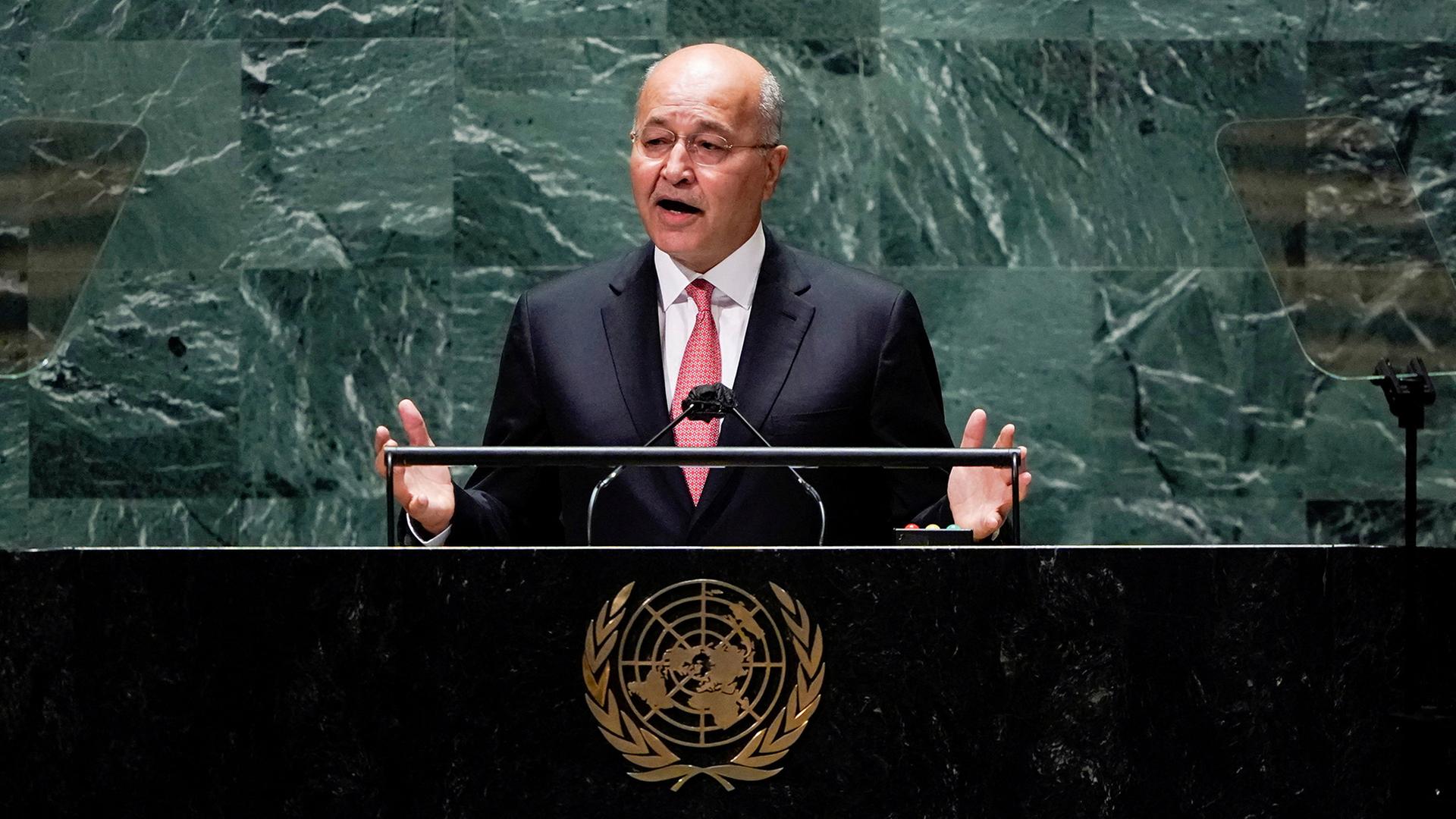 Barham Salih spricht bei der UN-Generalversammlung in New York. | via REUTERS