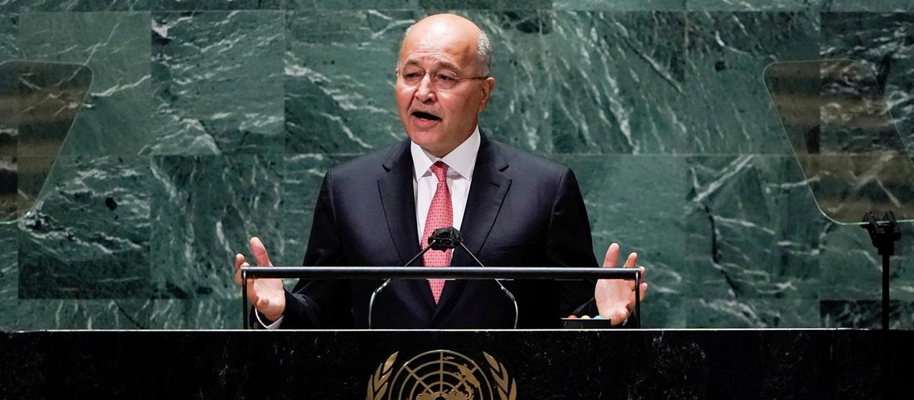 Barham Salih spricht bei der UN-Generalversammlung in New York.