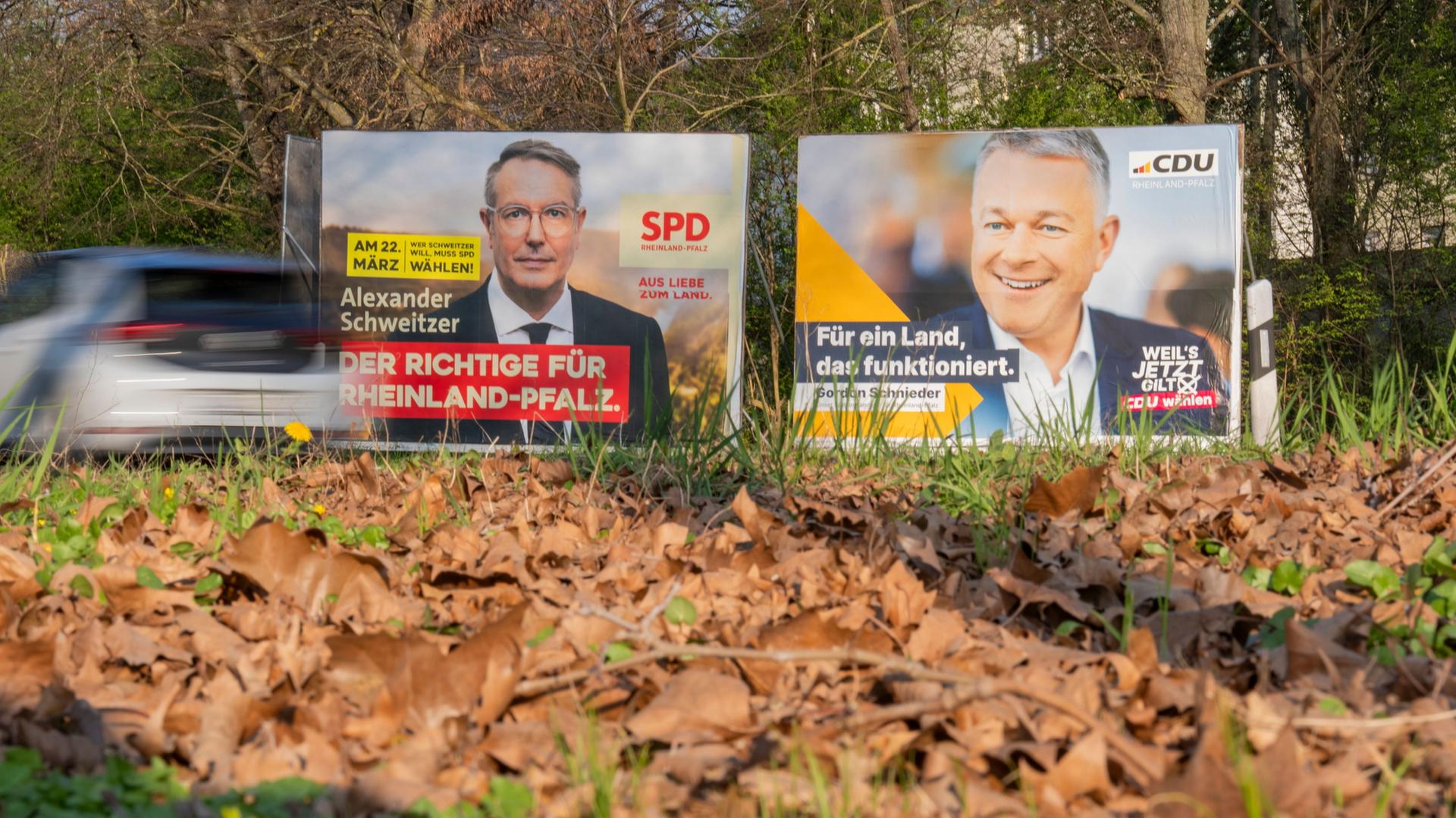 Wahlplakate der Spitzenkandidaten von SPD und CDU stehen in Landau. | Andreas Arnold/dpa