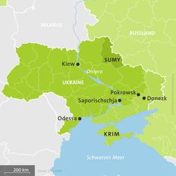 Karte der Ukraine und Russlands, hell schraffiert: von Russland besetzte Gebiete