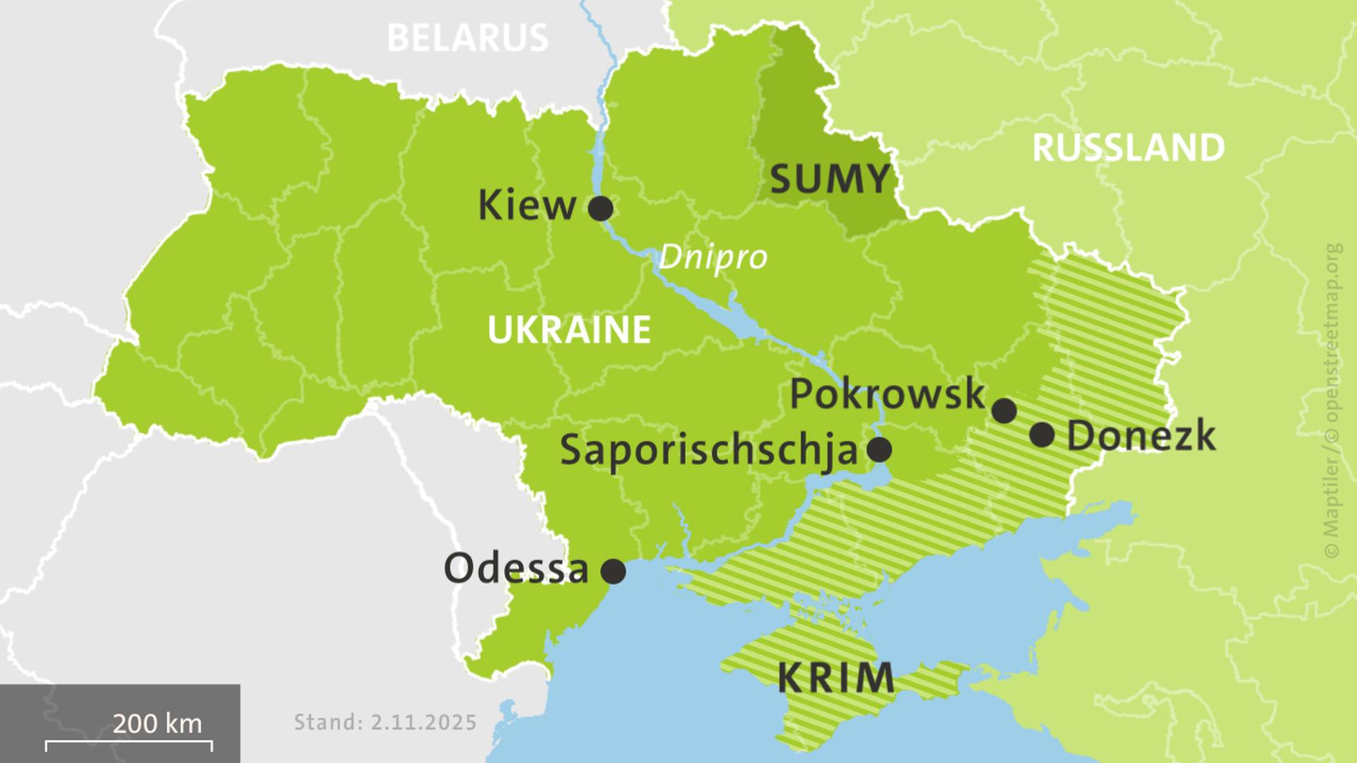 Karte der Ukraine und Russlands, hell schraffiert: von Russland besetzte Gebiete | ISW, Critical Threats Project | Stand: 2.11.2025
