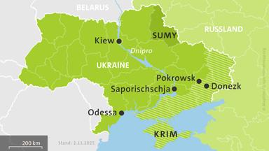 Karte der Ukraine und Russlands, hell schraffiert: von Russland besetzte Gebiete