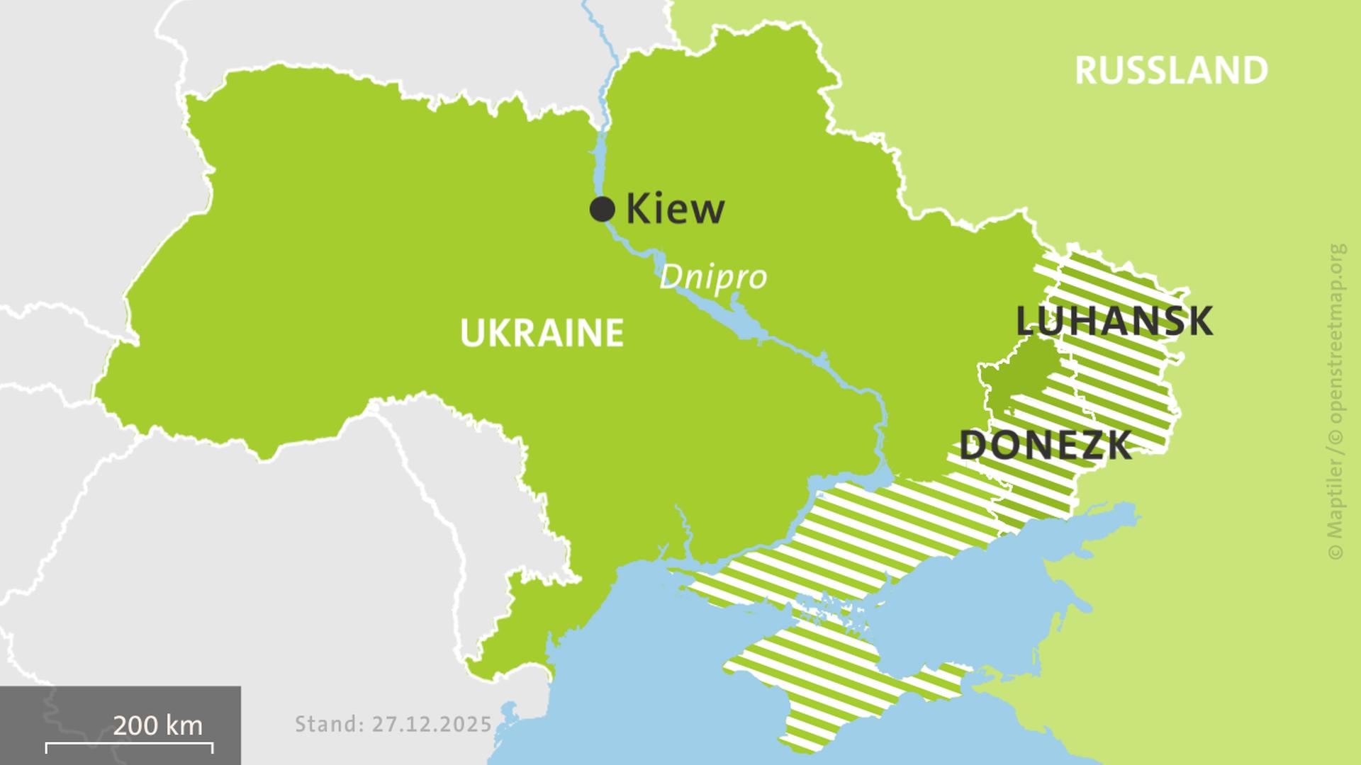Karte der Ukraine und Russlands, hell schraffiert: von Russland besetzte Gebiete | ISW, Critical Threats Project | Stand: 27.12.2025