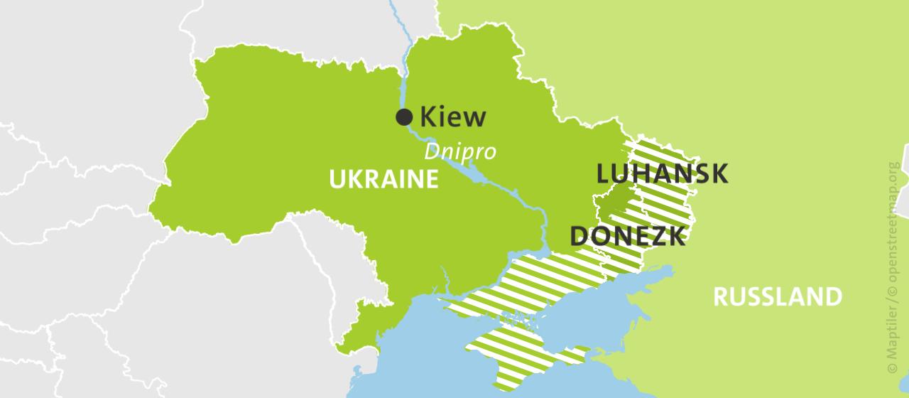 Karte der Ukraine und Russlands, hell schraffiert: von Russland besetzte Gebiete