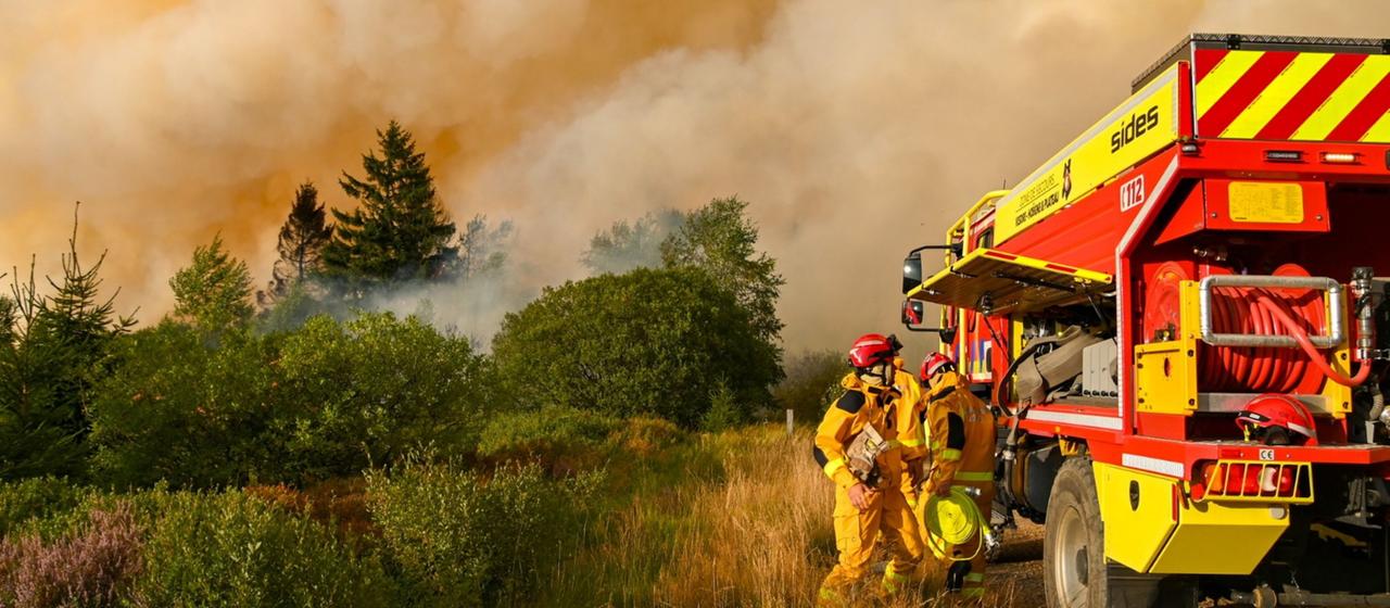 Das von VHP zur Verfügung gestellte Foto zeigt Feuerwehrleute im Einsatz beim Großbrand im Naturschutzgebiet Hohes Venn (Hautes Fagnes).