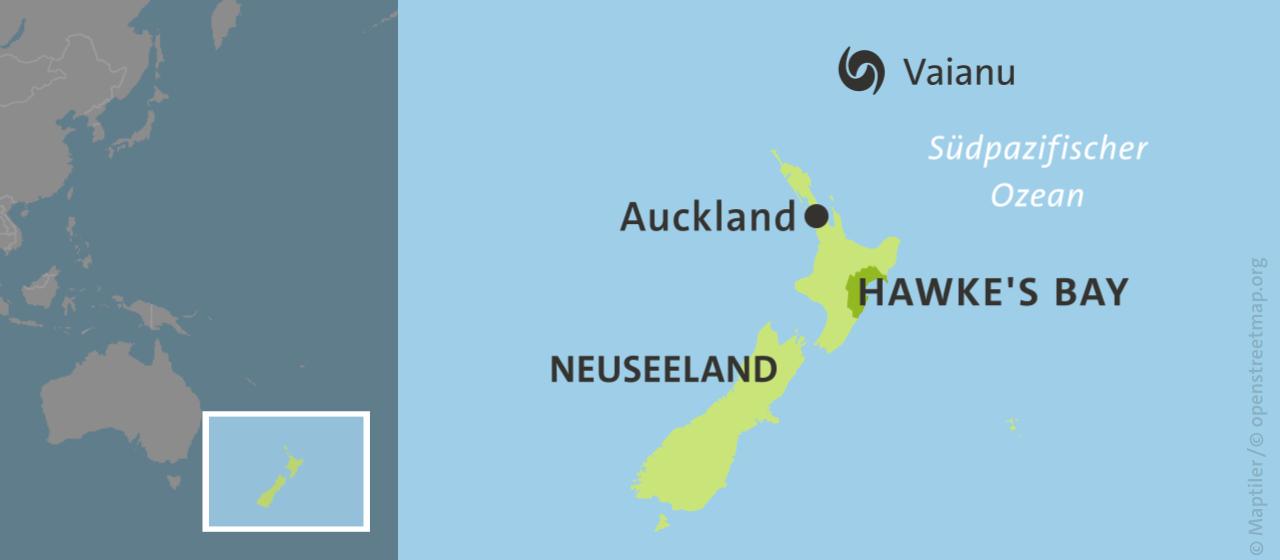 Karte Neuseeland mit der Position der Zyklons Vaianu (Stand: 11.4.2026, 10:00 Uhr MEZ)