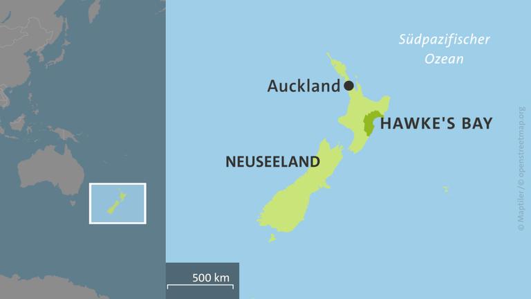 Karte Neuseeland mit Auckland und der Hawke's Bay