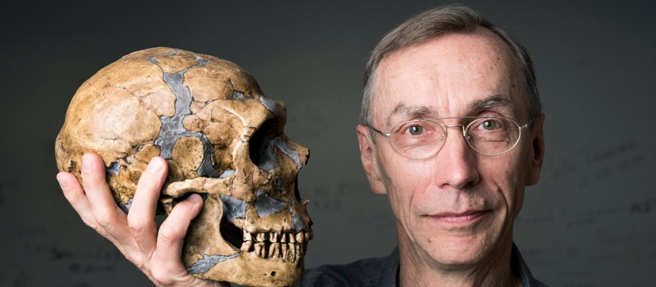 Svante Pääbo, Direktor am Max-Planck-Institut für evolutionäre Anthropologie in Leipzig, hält einen Schädel in der Hand. | dpa Svante Pääbo, Direktor am Max-Planck-Institut für evolutionäre Anthropologie in Leipzig, hält einen Schädel in der Hand.