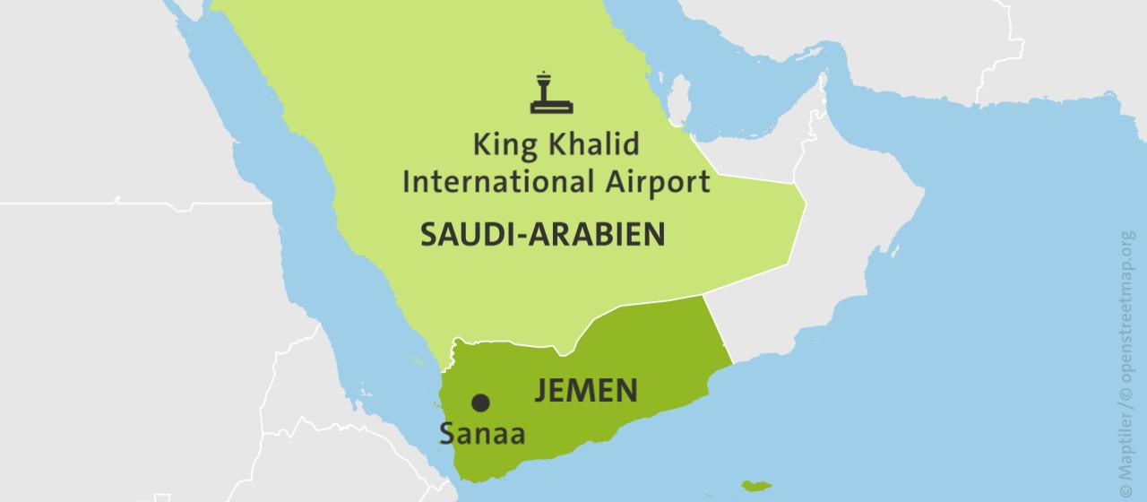 Karte: Saudi-Arabien mit King Khalid International Airport, Jemen mit der Hauptstadt Sanaa.