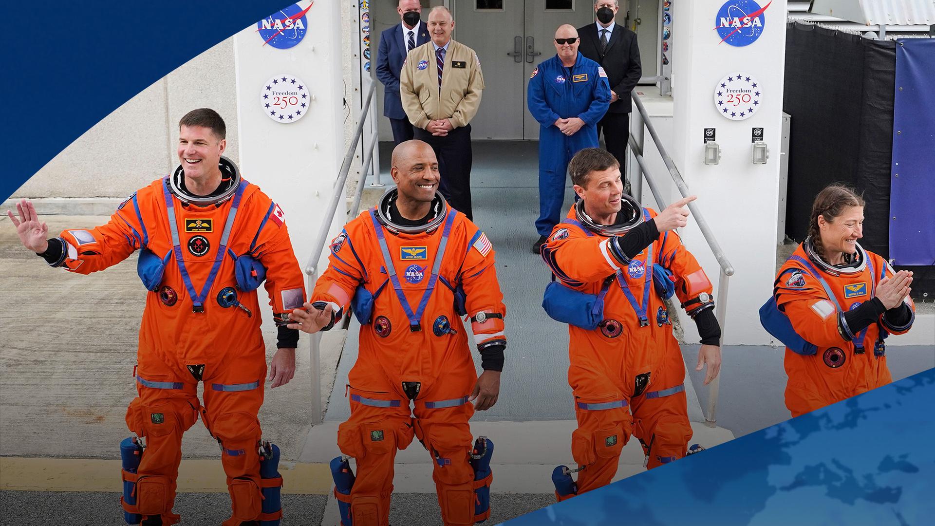 Jeremy Hansen, Victor Glover, Reid Wiseman und Christina Koch reisen zum Mond. | dpa