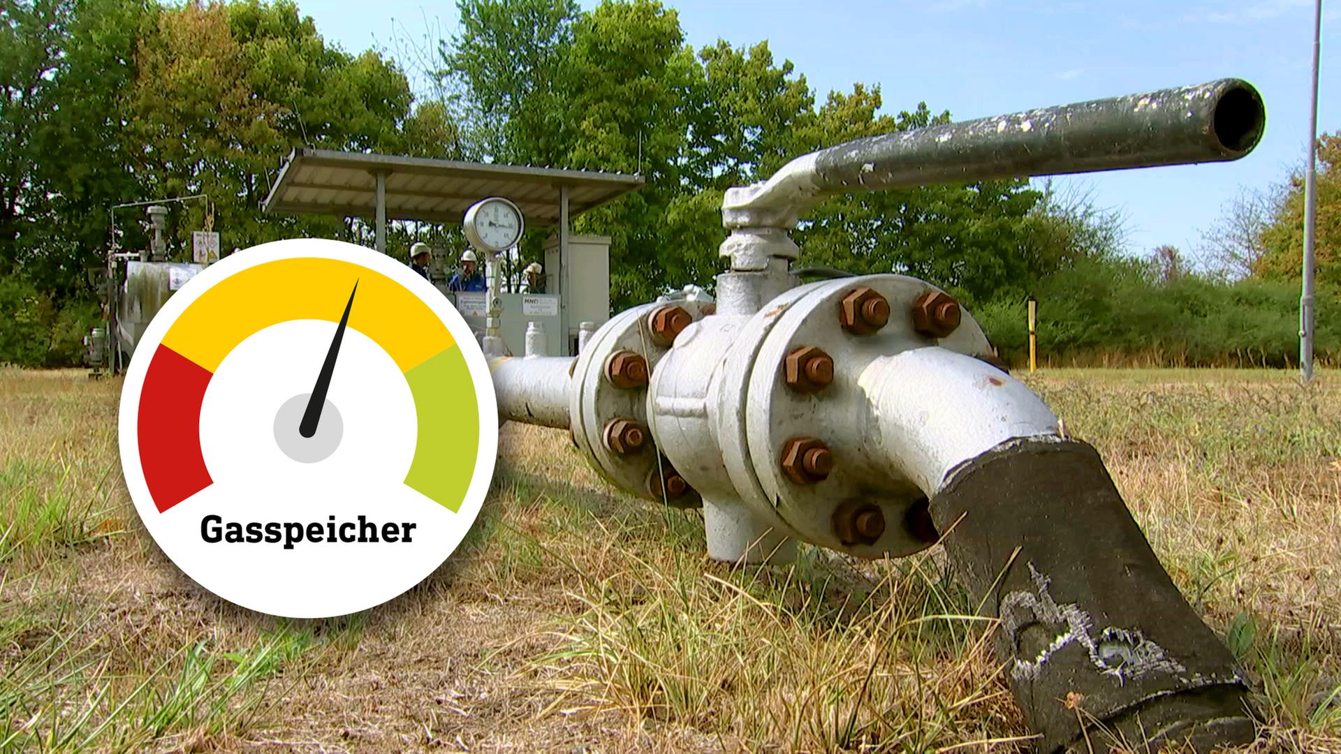 Bildcollage: Gasspeicher-Anlage mit Rohrleitung und Anzeige des Füllstands. | hr; Adobe Stock; Bildcollage: hessenschau.de