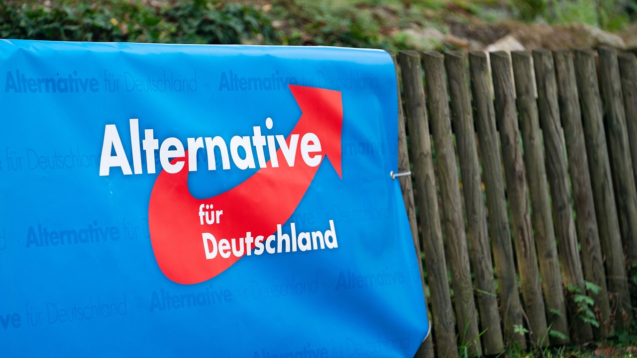 An einem Zaun hängt ein Banner mit dem Logo der Partei Alternative für Deutschland (AfD). | picture-alliance/dpa