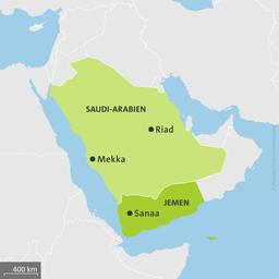 Karte Saudi-Arabien und Jemen mit den Orten Mekka, Riad und Sanaa
