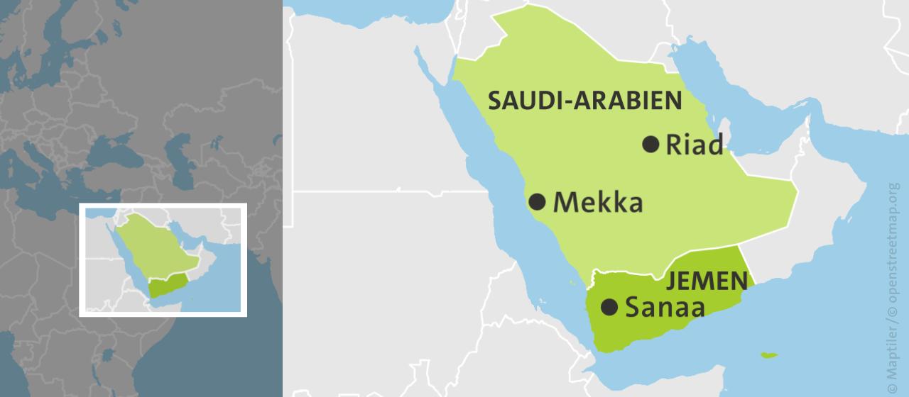 Karte Saudi-Arabien und Jemen mit den Orten Mekka, Riad und Sanaa