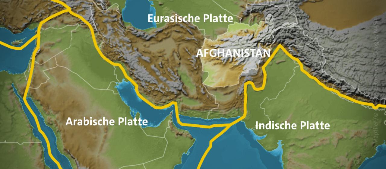 Karte mit Afghanistan, Eurasischer, Indischer und Arabischer Platte