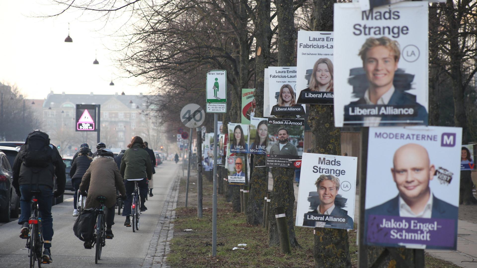 Radfahrer in D�nemark fahren an Wahlplakaten vorbei. | REUTERS