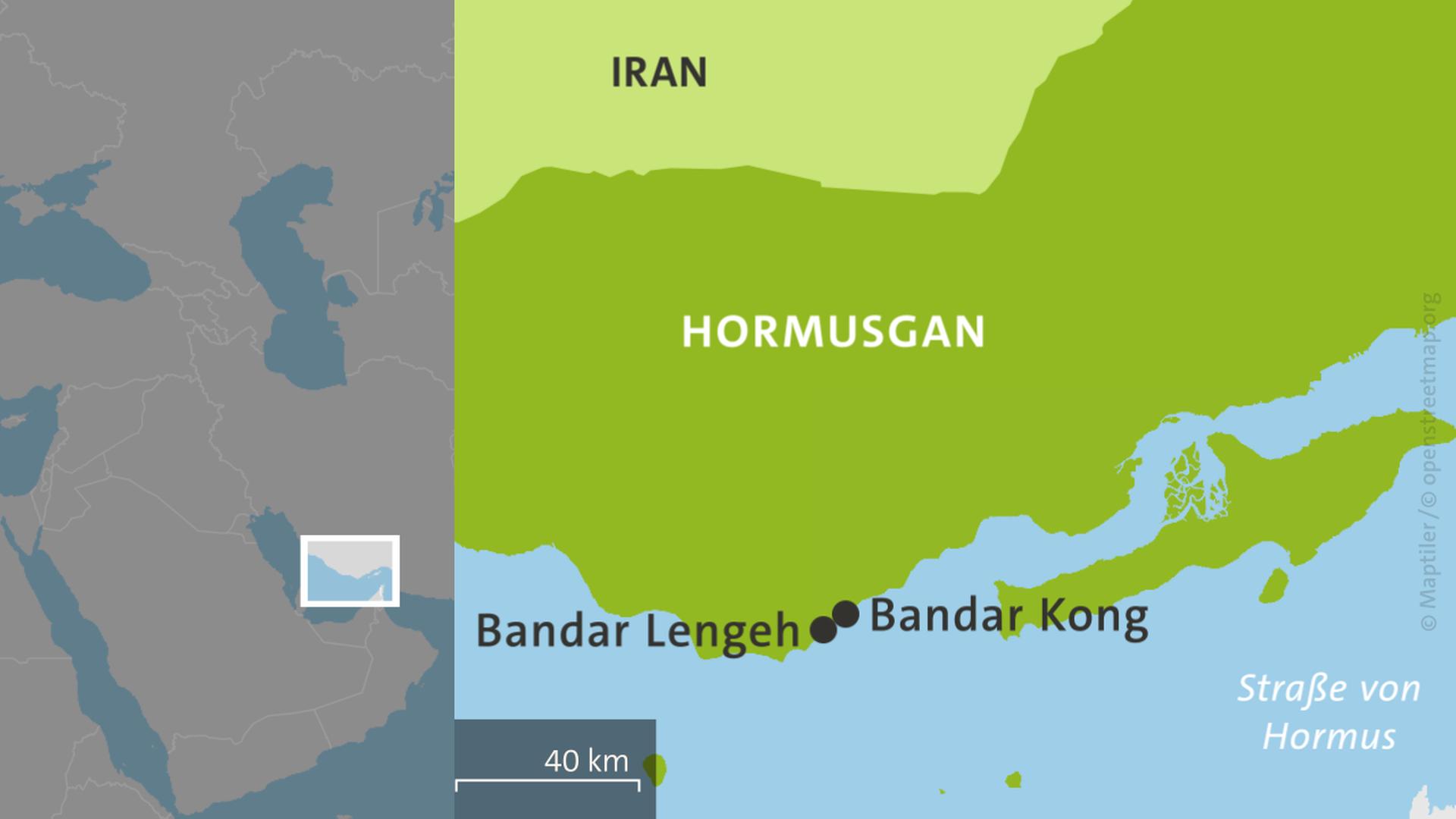 Karte: Iran mit der Provinz Hormusgan und den Städten Bandar Lengeh und Bandar Kong. | ARD-aktuell