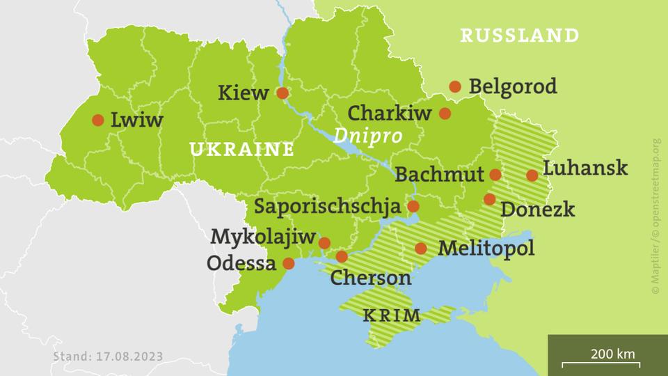 Karte Ukraine, schraffiert: von Russland besetzte Gebiete