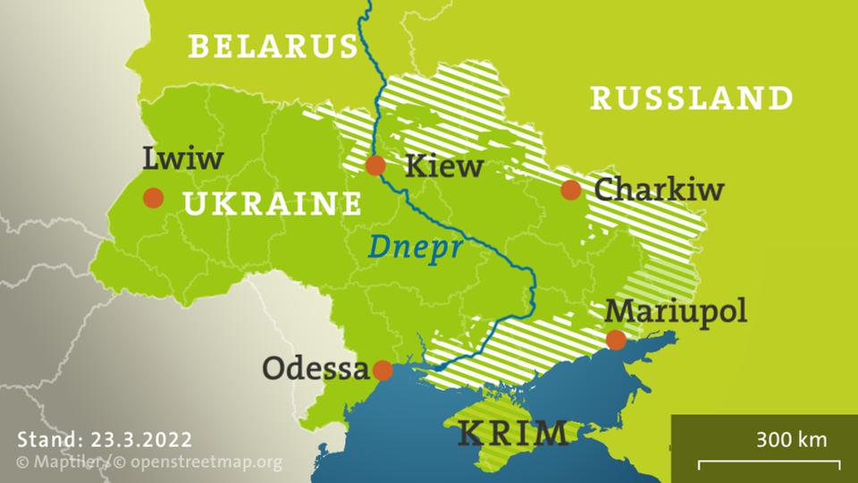 Weiß schraffiert: Vormarsch der russischen Armee. Grün schraffiert: von Russland unterstützte Separatistengebiete. Krim: von Russland annektiert.