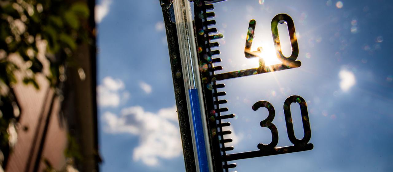 Ein Thermometer zeigt 39 Grad Celsius an