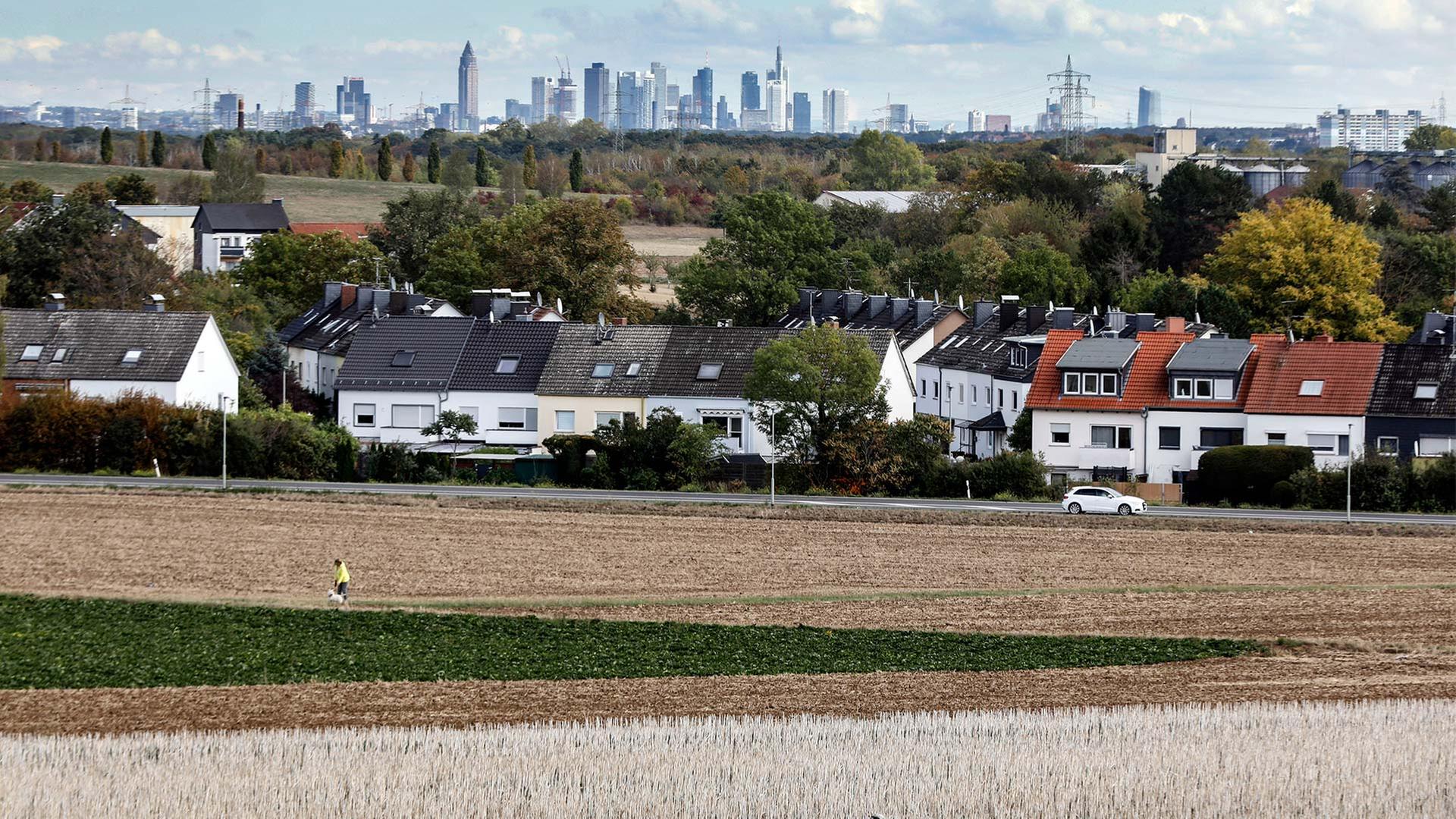 Blick über den Ort Flörsheim hin zur Frankfurter Innenstadt Skyline. | picture alliance / Jochen Eckel