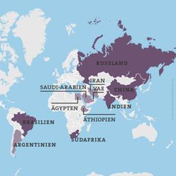 Die Karte zeigt die BRICS-Staaten und zu dem Bündnis eingeladene Staaten