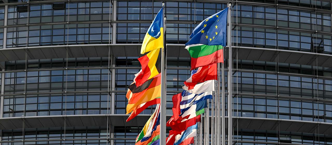 欧盟国旗 omgeben von den Nationalflaggen der EU-Mitgliedstaaten wehen vor dem Sitz des Europäischen Parlaments，位于斯特拉斯堡，