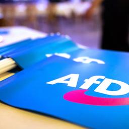 Symbolbild: Fähnchen mit dem Logo der AfD liegen auf einem Tisch. (Quelle: dpa/D. Karmann)