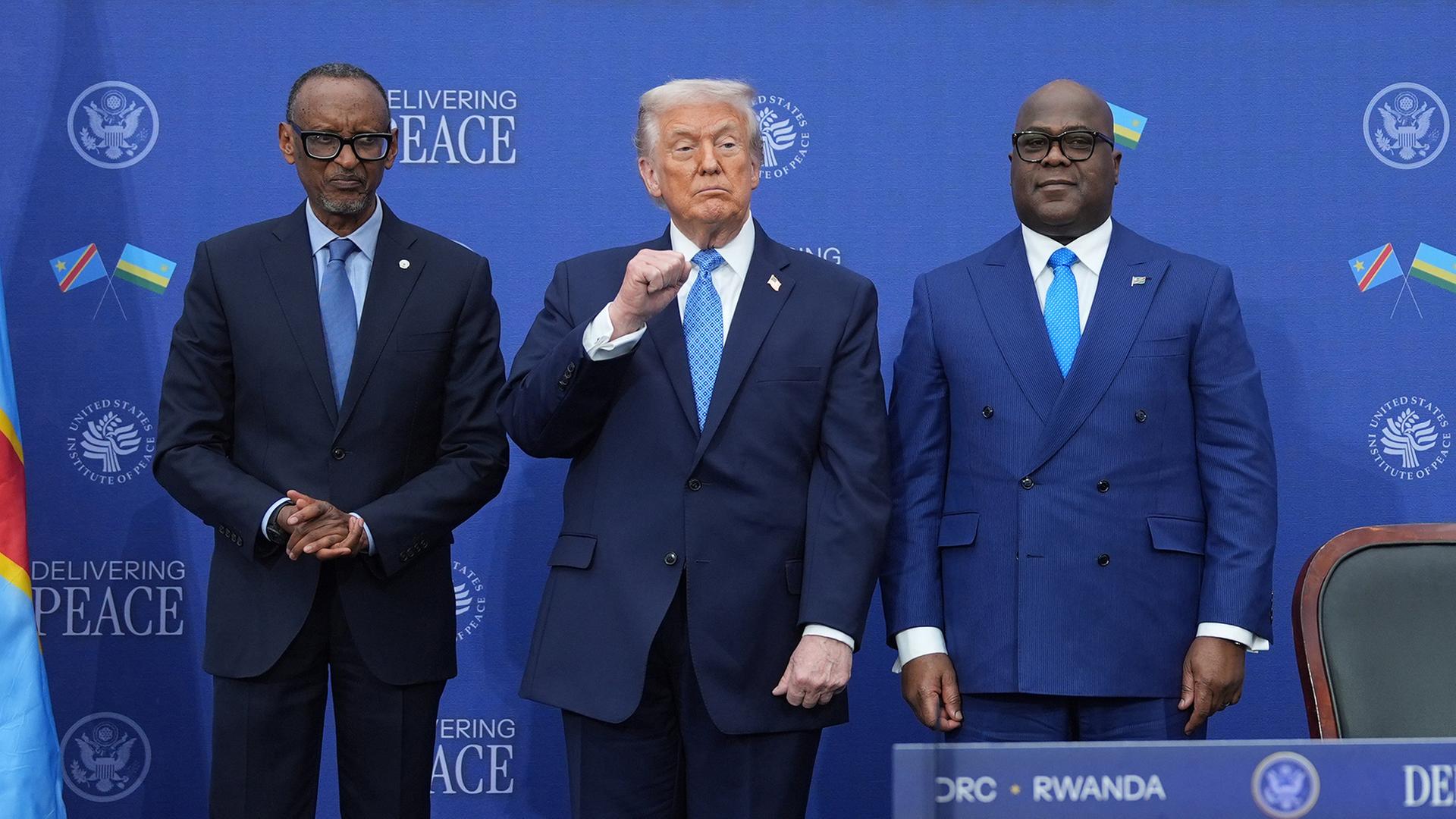 Paul Kagame, Donald Trump und Felix-Antoine Tshisekedi (Archivbild: 04.12.2025) | AP