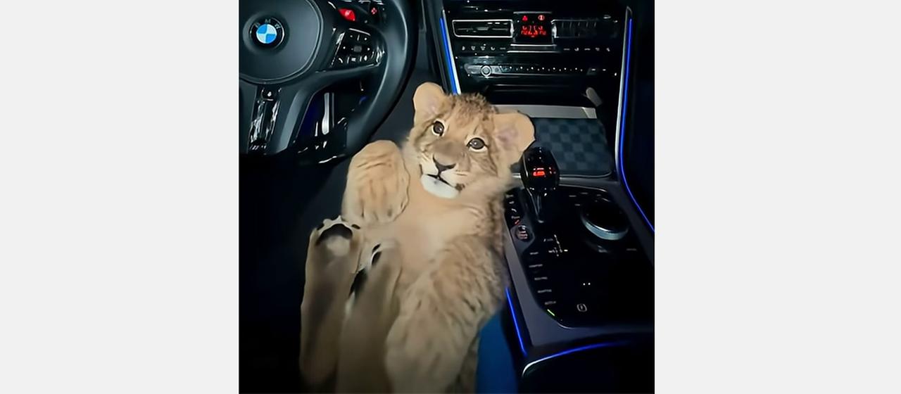 Screenshot eines Videos, in dem jeweils ein Löwenjunges an der Mittelkonsole eines Autos sitzt.