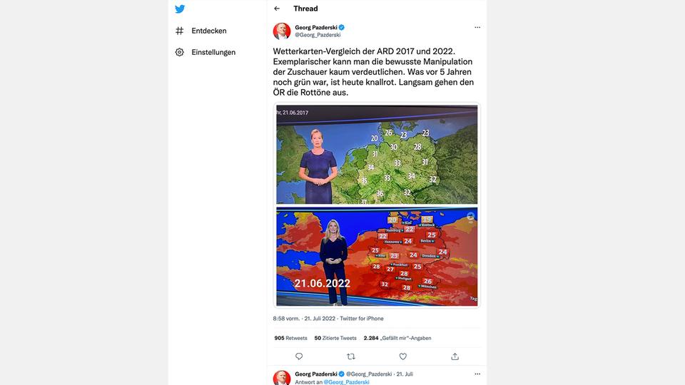 Ein Tweet mit dem Vergleich von zwei Wetterkarten von 2017 und 2022.