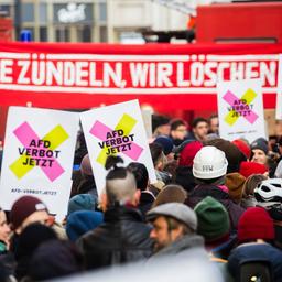 "AfD Verbot jetzt" steht bei einer Demonstration in Berlin auf Plakaten.