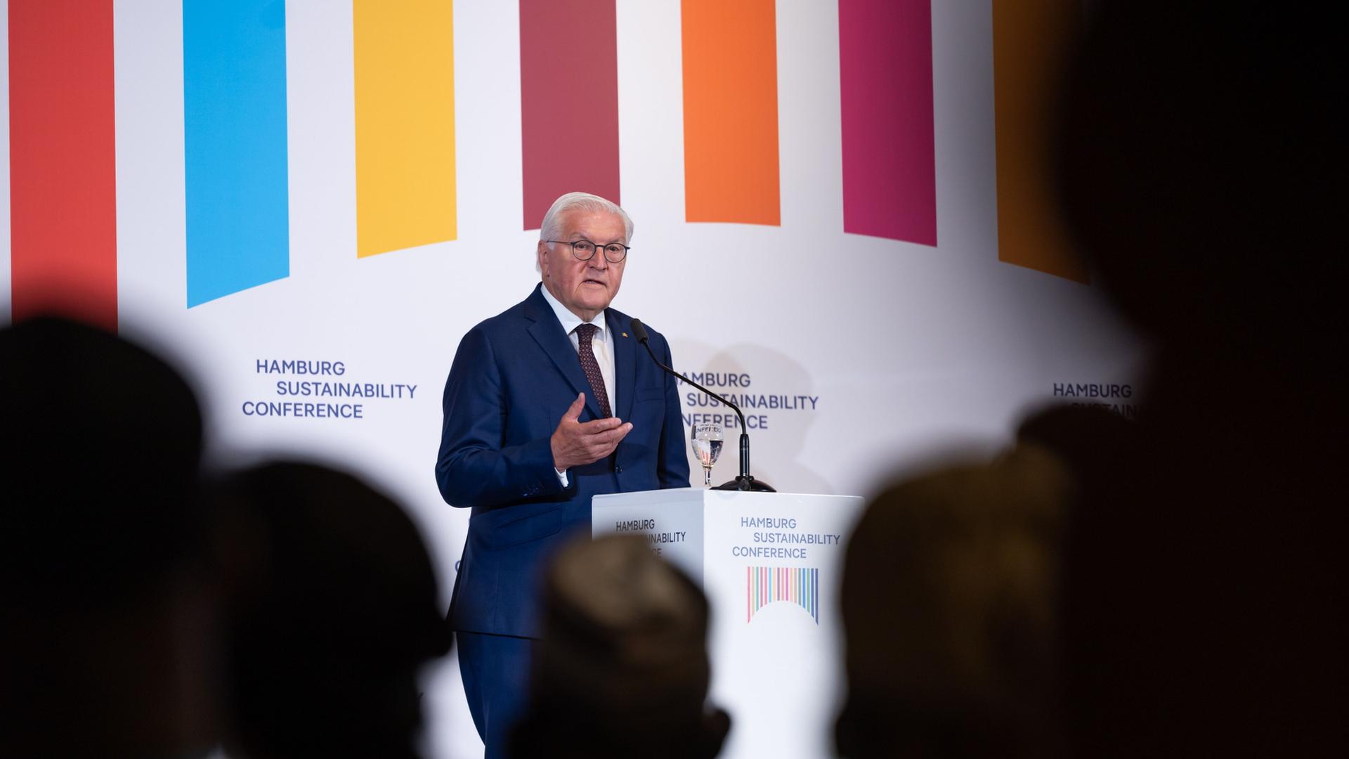 Bundespräsident Steinmeier spricht zur Eröffnung der Hamburg Sustainabiity Confererence. | Ulrich Perrey/dpa